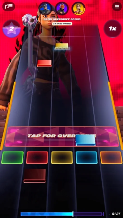 Mobile gameplay built in Fortnite — a touch-controlled rhythm game